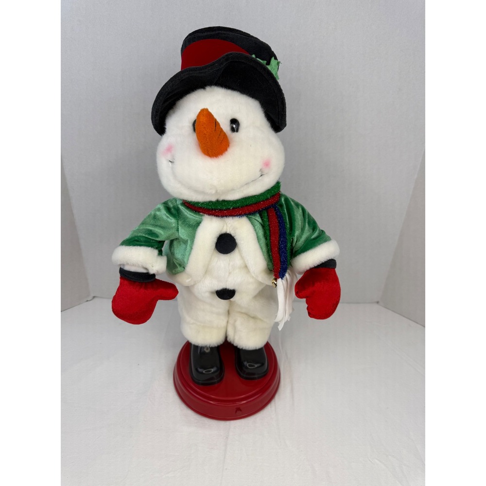 Vintage Animated Plush Snowman Christmas‎ Decor Green Jacket Red Base Holiday